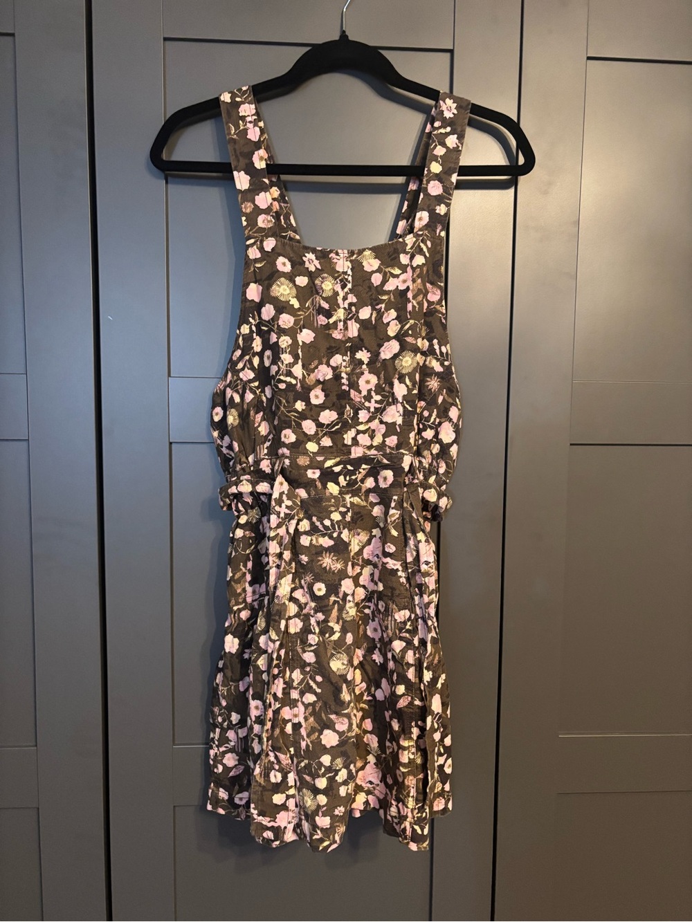 Free People Brown Floral Pinafore Mini Dress with Pink Blossoms